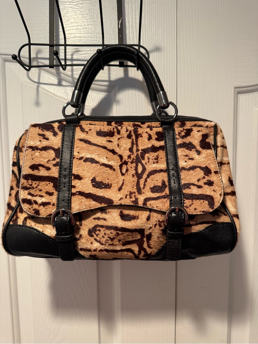 Talbots Animal-Print Genuine Calf Hair Satchel Handbag with Black Trim